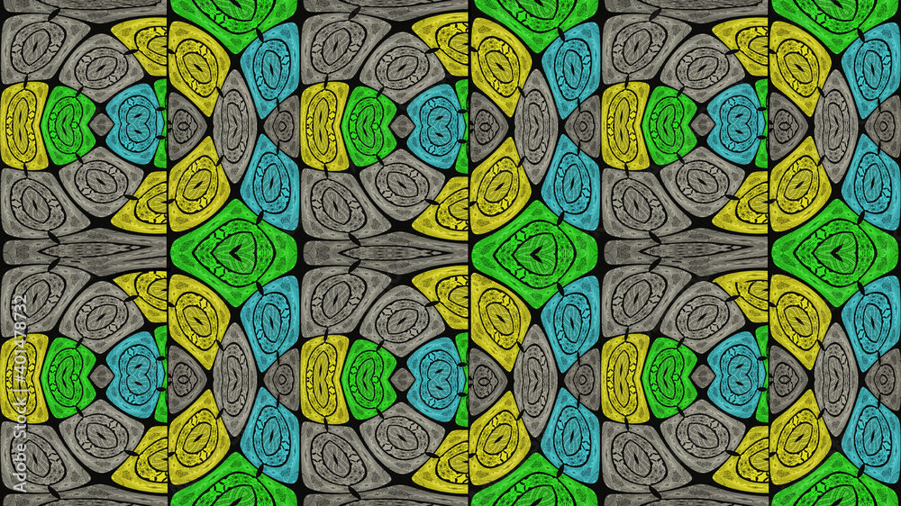 Multicolored ethnic fabric, rounded shapes, illustration  