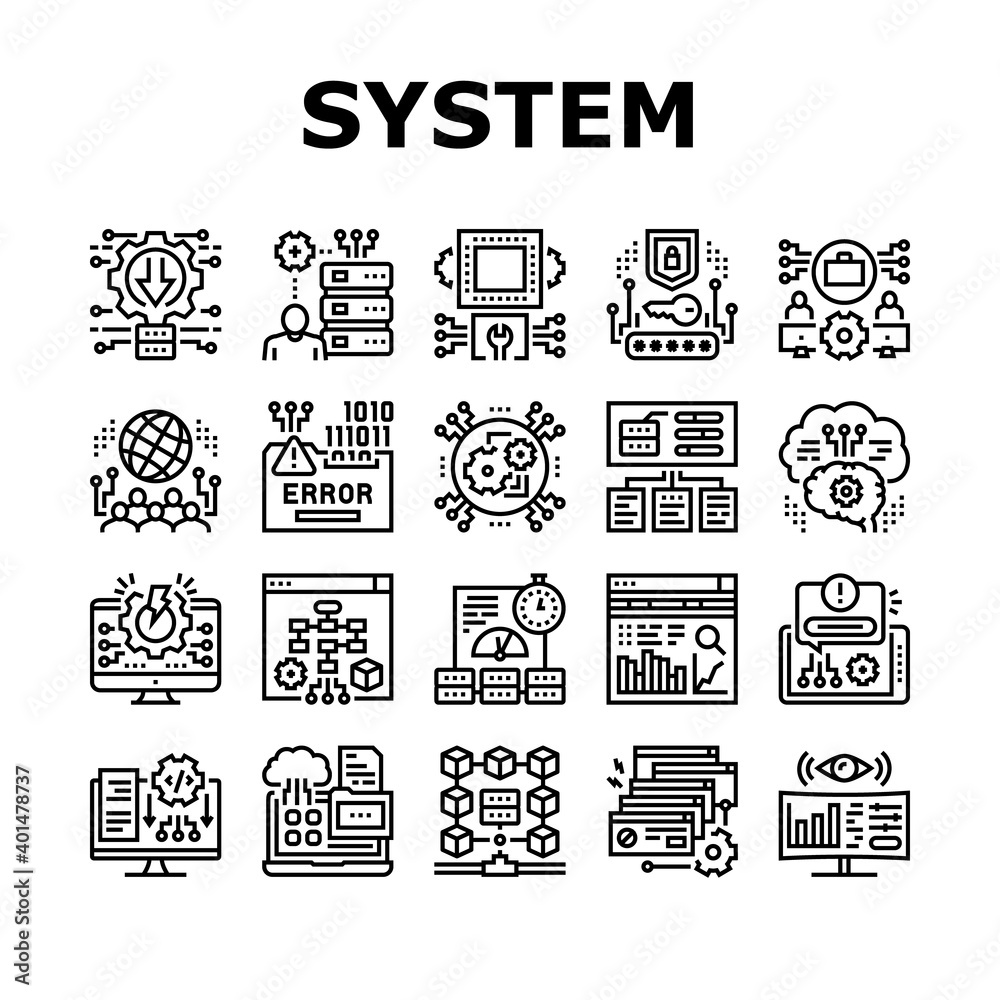 System Work Process Collection Icons Set Vector. Integration And Administrator, Engineering And Security, Network And Technology System Black Contour Illustrations