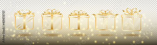 Gold Gift box vector icon set. Presentation line symbols isolated on gold gradient color. Sell, ​​shopping ideas. A simple design collection for birthday, Christmas.