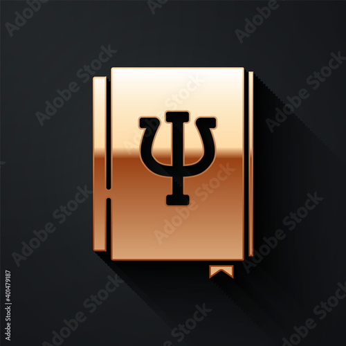 Gold Psychology book icon isolated on black background. Psi symbol. Mental health concept, psychoanalysis analysis and psychotherapy. Long shadow style. Vector.