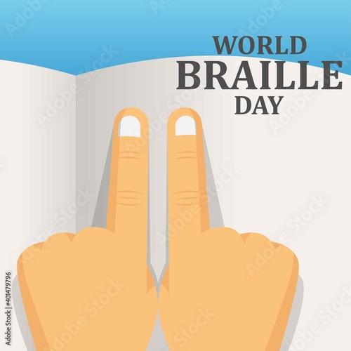 Hand of a blind person reading some braille text touching the relief. vector illustration