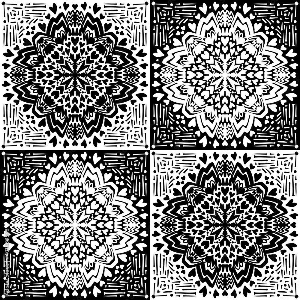 Fototapeta premium Round mandala made of hearts and different vector shapes