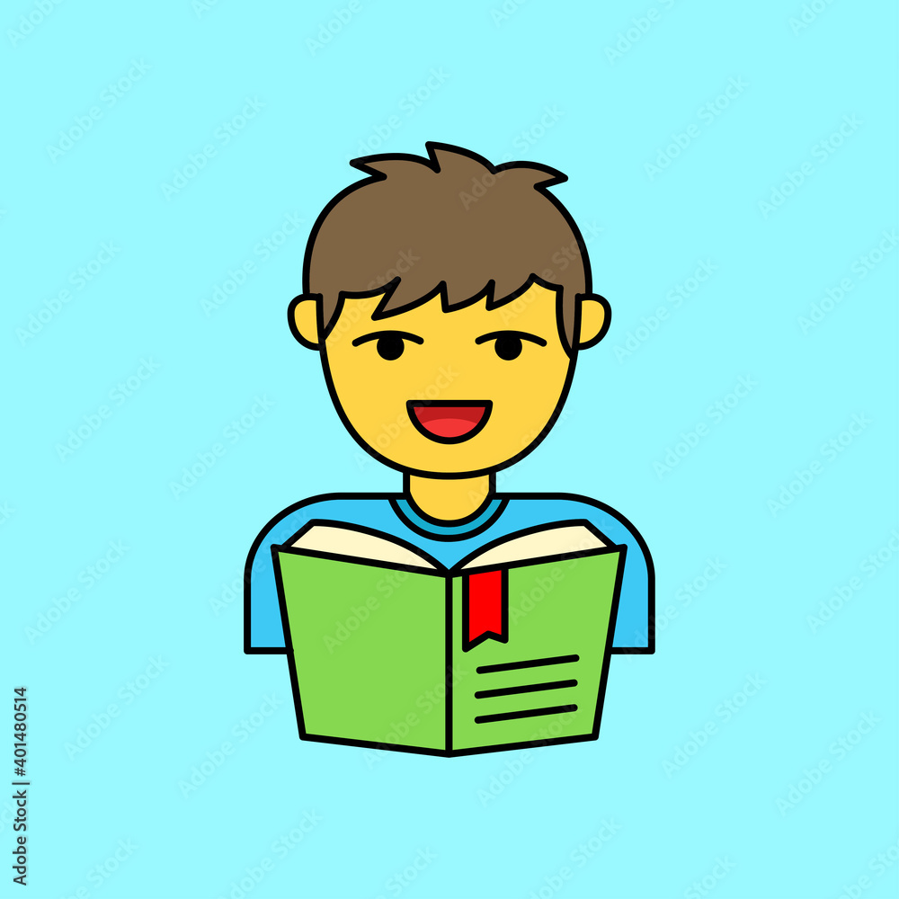 Simple boy reading a book vector illustration isolated on blue background. Man reading a book avatar Simple boy reading a book vector illustration isolated on blue background. Man reading a book avatar