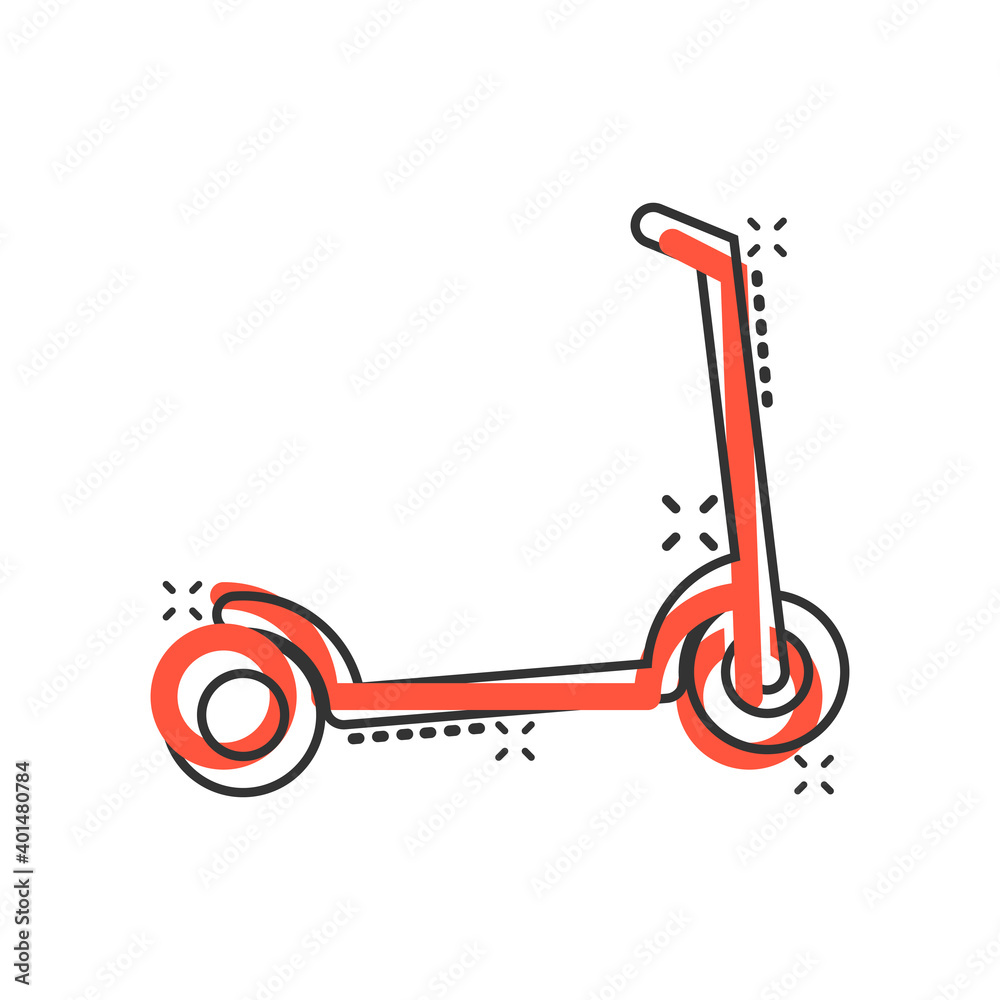 Electric scooter icon in comic style. Bike cartoon vector illustration on white isolated background. Transport splash effect business concept.