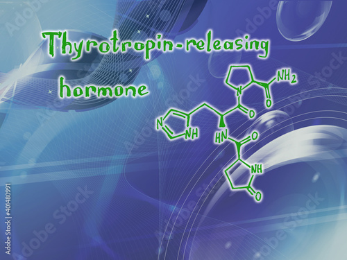 Chemical molecular formula of the thyrotropin releasing hormone J . Infographics. Abstract bright glitter blue background. photo