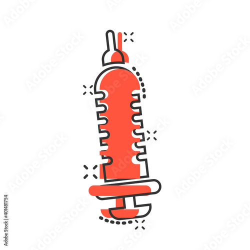 Syringe icon in comic style. Inject needle cartoon vector illustration on white isolated background. Drug dose splash effect business concept.