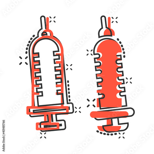 Syringe icon in comic style. Inject needle cartoon vector illustration on white isolated background. Drug dose splash effect business concept.