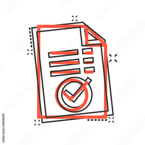 Approved document icon in comic style. Authorize cartoon vector illustration on white isolated background. Agreement check mark splash effect business concept.