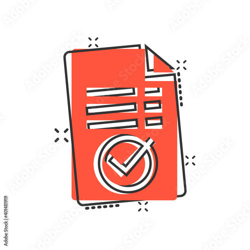 Approved document icon in comic style. Authorize cartoon vector illustration on white isolated background. Agreement check mark splash effect business concept.