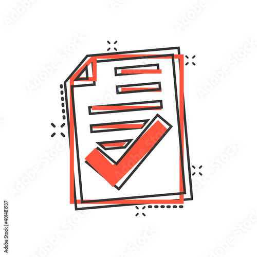 Approved document icon in comic style. Authorize cartoon vector illustration on white isolated background. Agreement check mark splash effect business concept.