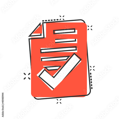 Approved document icon in comic style. Authorize cartoon vector illustration on white isolated background. Agreement check mark splash effect business concept.