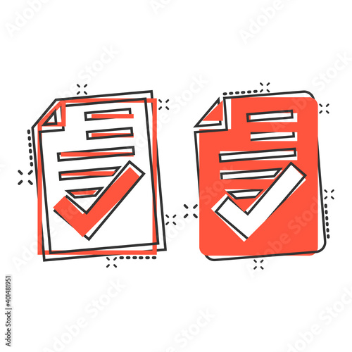 Approved document icon in comic style. Authorize cartoon vector illustration on white isolated background. Agreement check mark splash effect business concept.