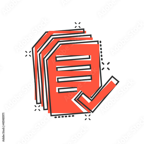 Approved document icon in comic style. Authorize cartoon vector illustration on white isolated background. Agreement check mark splash effect business concept.