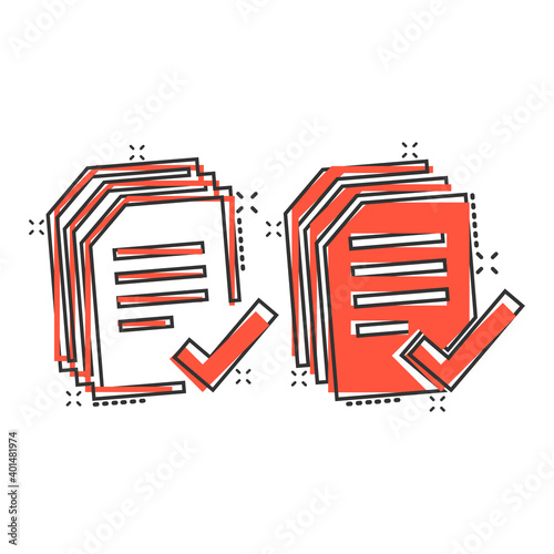 Approved document icon in comic style. Authorize cartoon vector illustration on white isolated background. Agreement check mark splash effect business concept.
