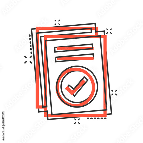 Approved document icon in comic style. Authorize cartoon vector illustration on white isolated background. Agreement check mark splash effect business concept.