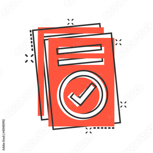 Approved document icon in comic style. Authorize cartoon vector illustration on white isolated background. Agreement check mark splash effect business concept.