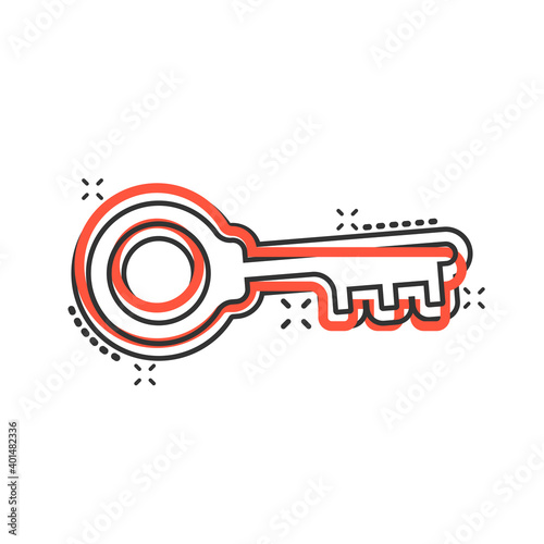 Key icon in comic style. Password cartoon vector illustration on white isolated background. Access splash effect business concept.