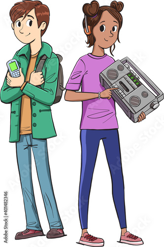 two teenagers with a retro telephone and an older cassette player