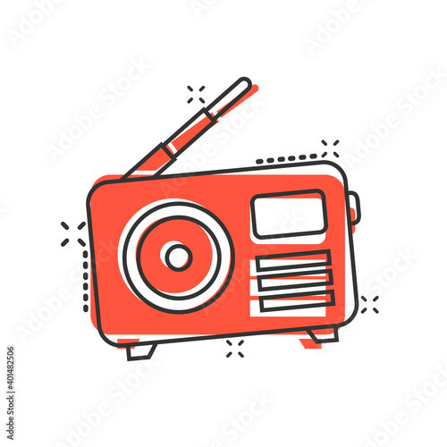 Radio icon in comic style. Fm broadcast cartoon vector illustration on white isolated background. Radiocast splash effect business concept.