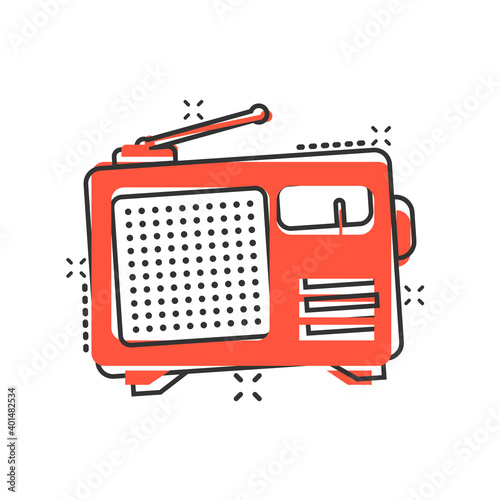 Radio icon in comic style. Fm broadcast cartoon vector illustration on white isolated background. Radiocast splash effect business concept.