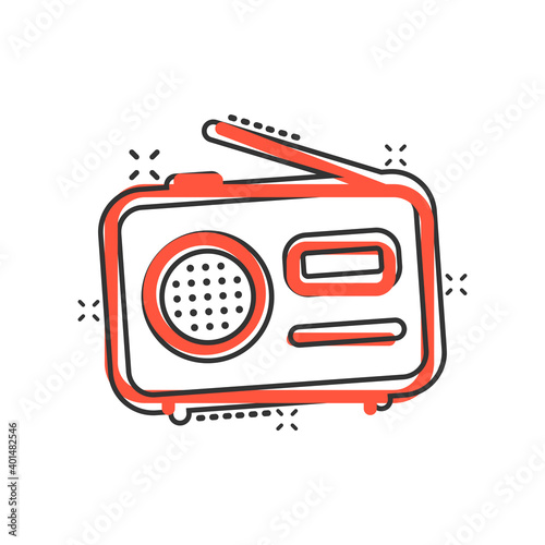Radio icon in comic style. Fm broadcast cartoon vector illustration on white isolated background. Radiocast splash effect business concept.