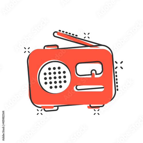 Radio icon in comic style. Fm broadcast cartoon vector illustration on white isolated background. Radiocast splash effect business concept. photo