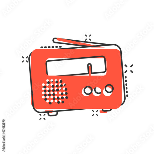 Radio icon in comic style. Fm broadcast cartoon vector illustration on white isolated background. Radiocast splash effect business concept.