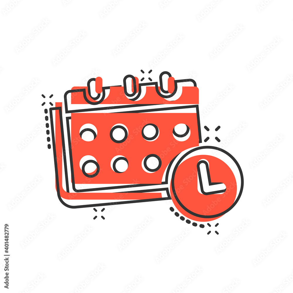 Calendar icon in comic style. Agenda cartoon vector illustration on white isolated background. Schedule planner splash effect business concept. Calendar icon in comic style. Agenda cartoon vector illustration on white isolated background. Schedule planner splash effect business concept.