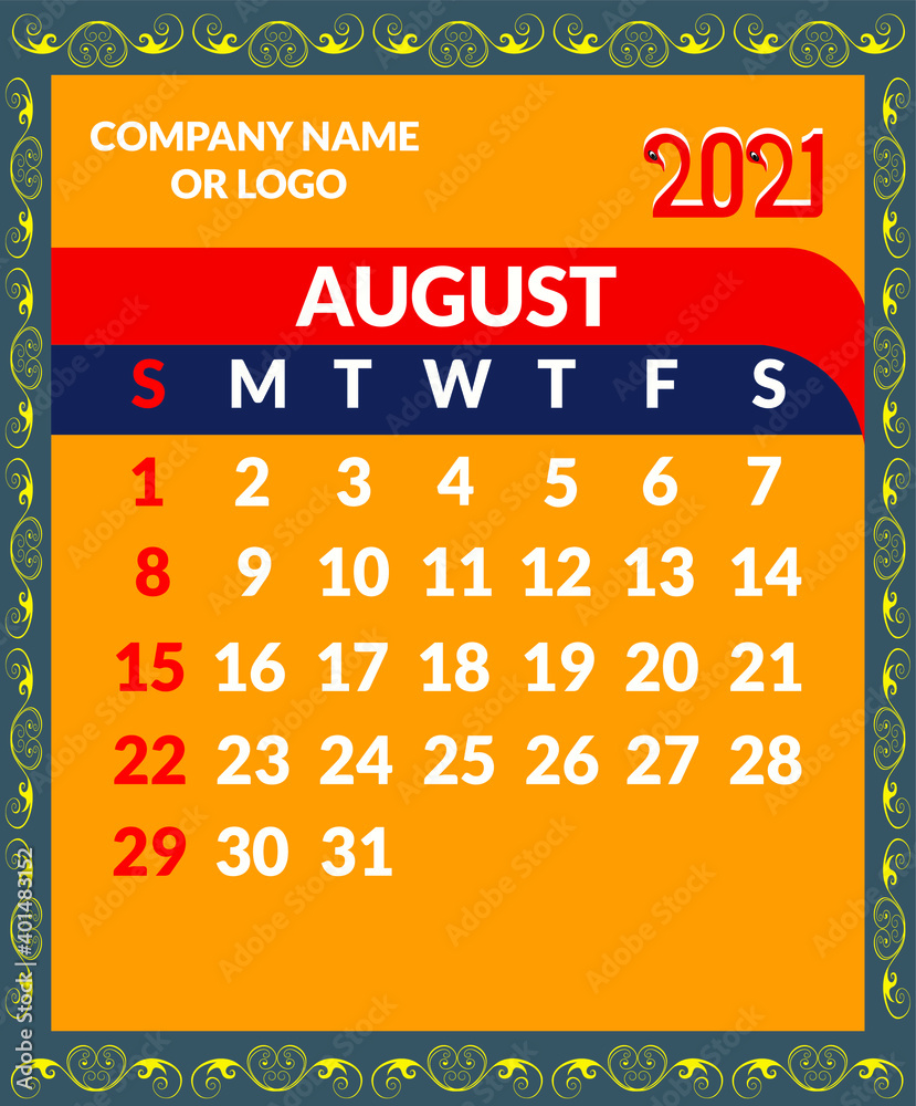 Month of August 2021 modern Calendar, Print Template with colorful, Your  Logo and Text. Week Starts Sunday. Portrait Orientation. Planner for 2021  Year, Wall Monthly Calendar template. Stock Vector | Adobe Stock