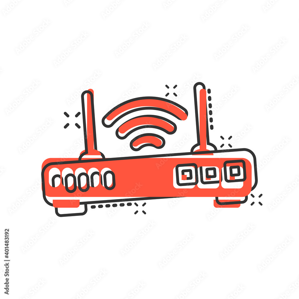 Wifi router icon in comic style. Broadband cartoon vector illustration on white isolated background. Internet connection splash effect business concept. Wifi router icon in comic style. Broadband cartoon vector illustration on white isolated background. Internet connection splash effect business concept.