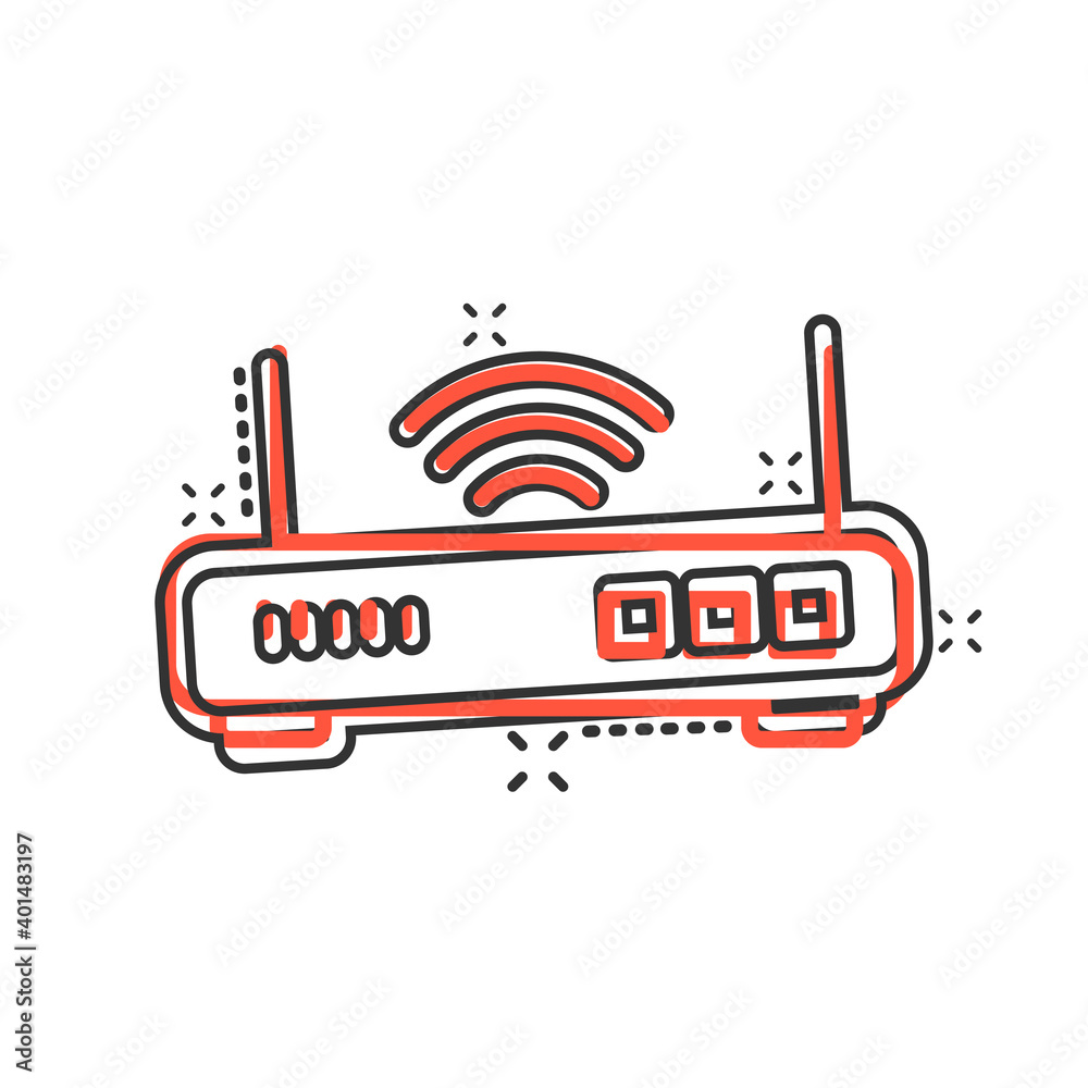 Wifi router icon in comic style. Broadband cartoon vector illustration on white isolated background. Internet connection splash effect business concept. Wifi router icon in comic style. Broadband cartoon vector illustration on white isolated background. Internet connection splash effect business concept.