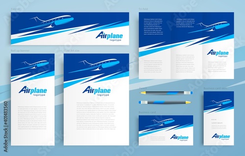 Airplane action fly theme Set flyer cover, tri-fold, banner, roll up banner, business card vector blue color