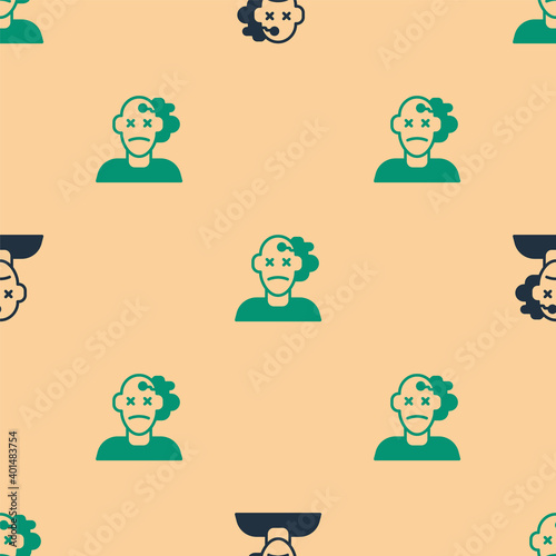 Green and black Murder icon isolated seamless pattern on beige background. Body, bleeding, corpse, bleeding icon. Concept of crime scene. Vector.