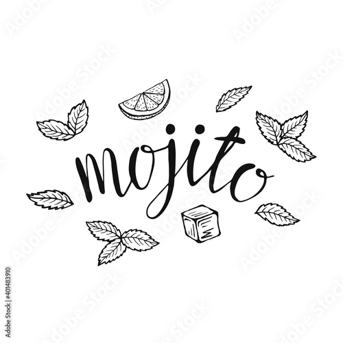 Lettering Mojito classic cocktail hand drawn vector illustration. with ice and a slice of lime and mint leaves, for cocktail cards. Homemade mojito lettering, isolated vector illustration