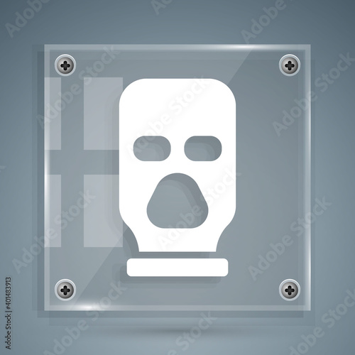 White Balaclava icon isolated on grey background. A piece of clothing for winter sports or a mask for a criminal or a thief. Square glass panels. Vector.