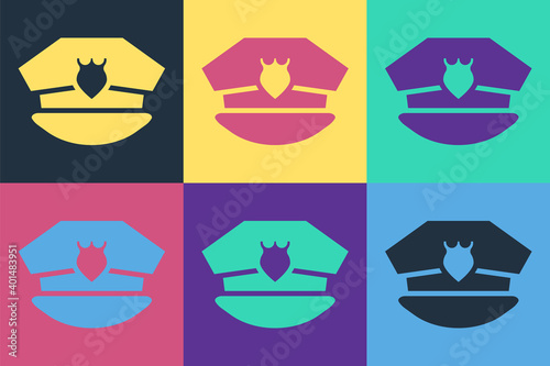 Pop art Police cap with cockade icon isolated on color background. Police hat sign. Vector.
