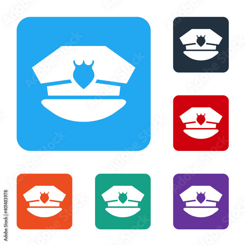 White Police cap with cockade icon isolated on white background. Police hat sign. Set icons in color square buttons. Vector.