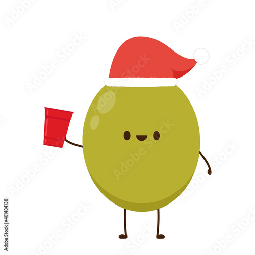 Olive pickled vector. Olive pickled character design. Santa hat. Red beer cup vector.