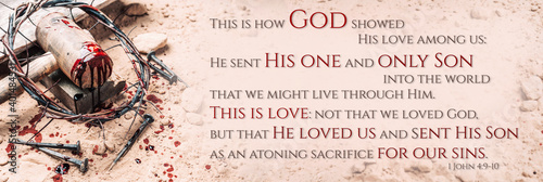 Tapeta Old wooden cross, hammer, bloody nails and crown of thorns on ground