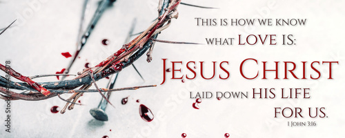 Canvas Print Christian crown of thorns with drops of blood, nails on grey background