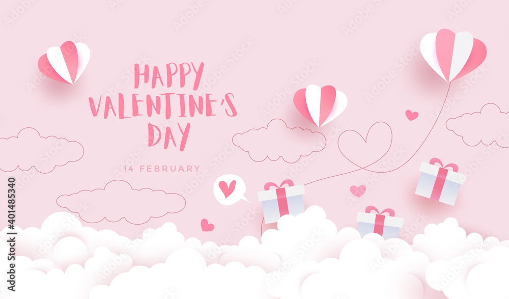 Happy Valentine's day background, card invitation with lovely gift boxes, clouds and heart balloons on pastel pink background.