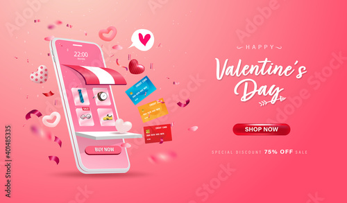 Happy Valentine's day. Online shopping store on website and mobile phone design. Smart business marketing concept.