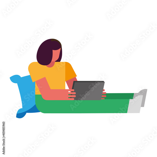 woman with laptop on pillow working from home vector design