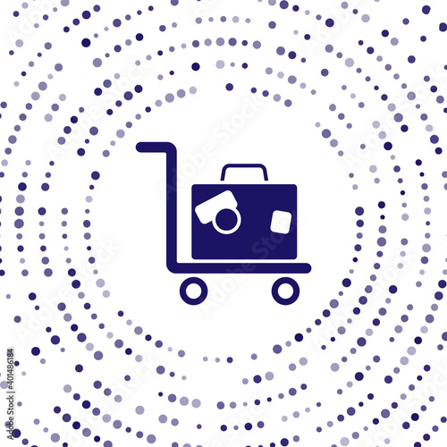 Blue Hotel luggage cart with suitcase icon isolated on white background. Traveling baggage sign. Travel luggage icon. Abstract circle random dots. Vector.