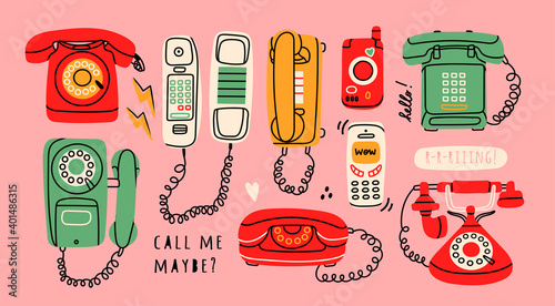 Set of Various classic and modern telephones. Wire, cell and mobile  phones. Retro vintage style icons. Hand drawn Vector illustration. All elements are isolated
