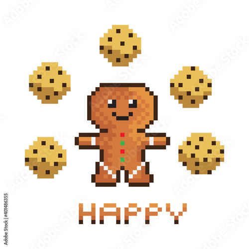 Gingerbread pixel art. Vector illustration. Pixel art smiling gingerbread man. Merry Christmas.
