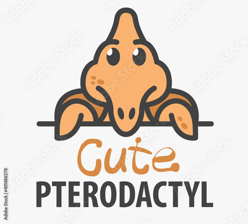 Logo template with cute pterodactyl. Vector logo design template for museum of paleontology or for childrens shop. Cartoon ancient pteranodon dinosaur logo illustration.