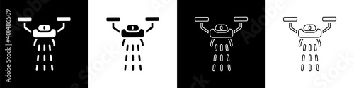 Set Smart farm with drone control for seed planting icon isolated on black and white background. Innovation technology for agricultural company. Vector.