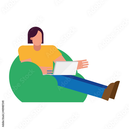 Man with laptop on puf working from home vector design