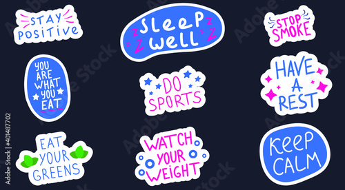 Collection of hand drawn lettering about healthy lifestyle. Set of stickers - stop smoke, do sports, sleep well. Unique vector design elements concept